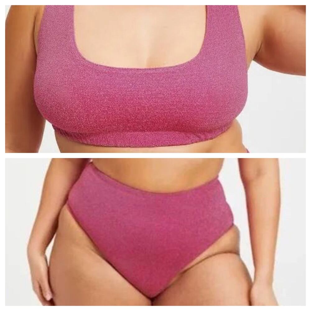 Good American Hawaiian Pink Sparkle Scoop Top and Swim Brief Bikini Set Size 2